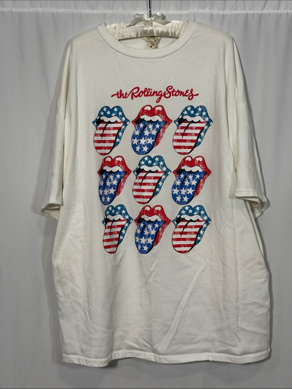 the Rolling Stones White Heavyweight Tee with Red & Blue Flag Tongues